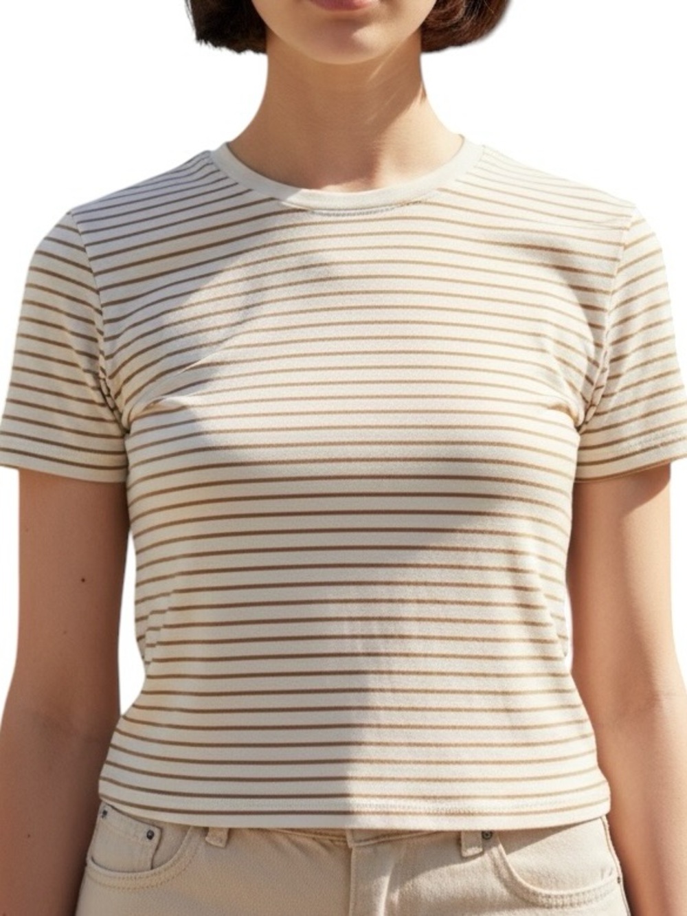 Old Navy Cream & Tan Striped Short Sleeve Crewneck Tee Cropped Fitted